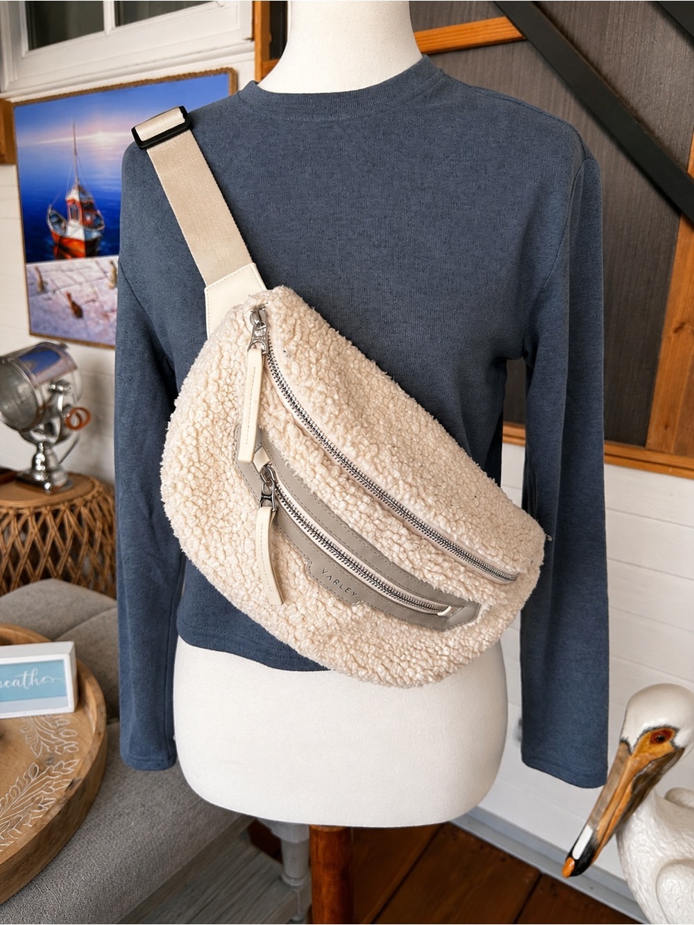 Varley Cream Sherpa Belt Bag Crossbody Fanny Pack Adjustable Strap
